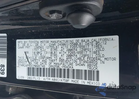 2012 Toyota Tacoma Base V6 from USA, damaged, VIN 3TMMU4FN3CM046746